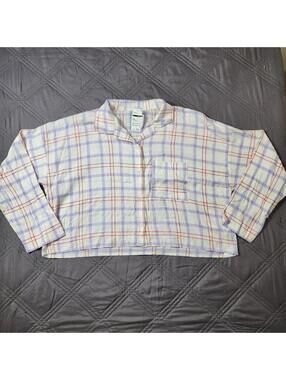 Florence by Mills Plaid White Purple Oversized Long Sleeve Cropped Size XS